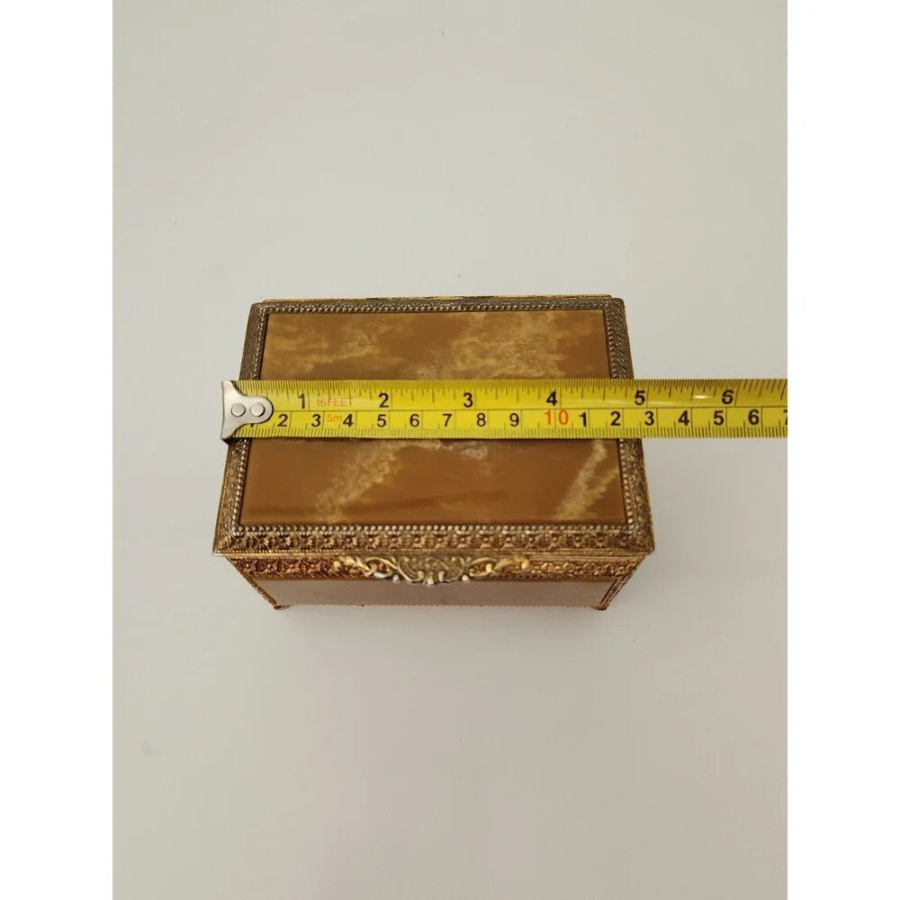 Sankyo MELE Japan Trinket Box Square Shaped w/Green Bakelite Marble Top